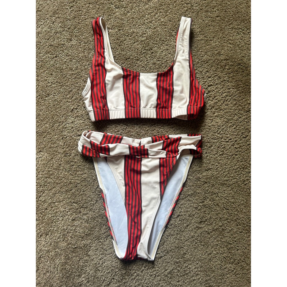 Nasty Gal Collection Striped Bikini Set Red Cream High Waisted US 2